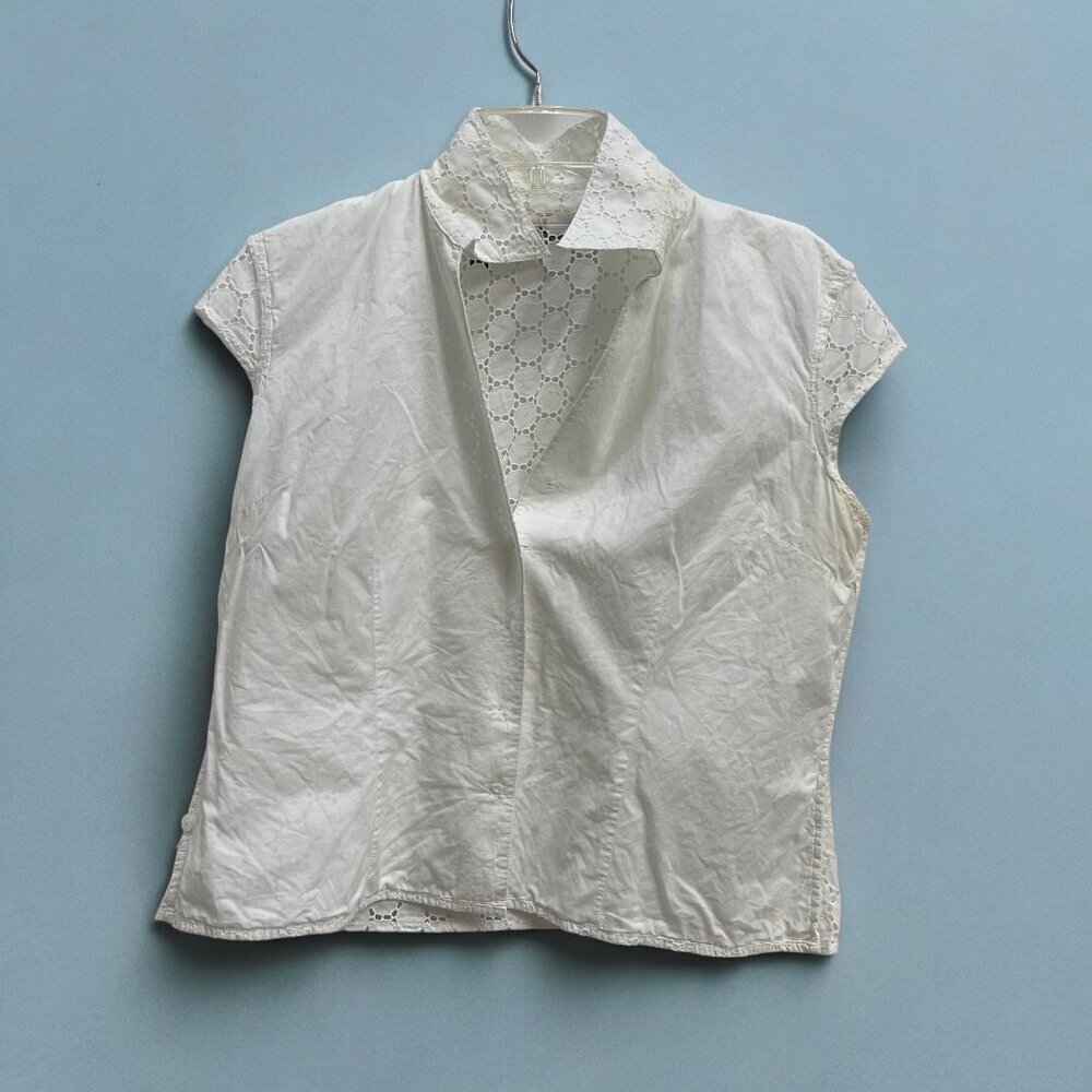 Kate Hill 14P Petite White Eyelet Lined Short Sleeve Button-Front Blouse - Picture 3 of 10